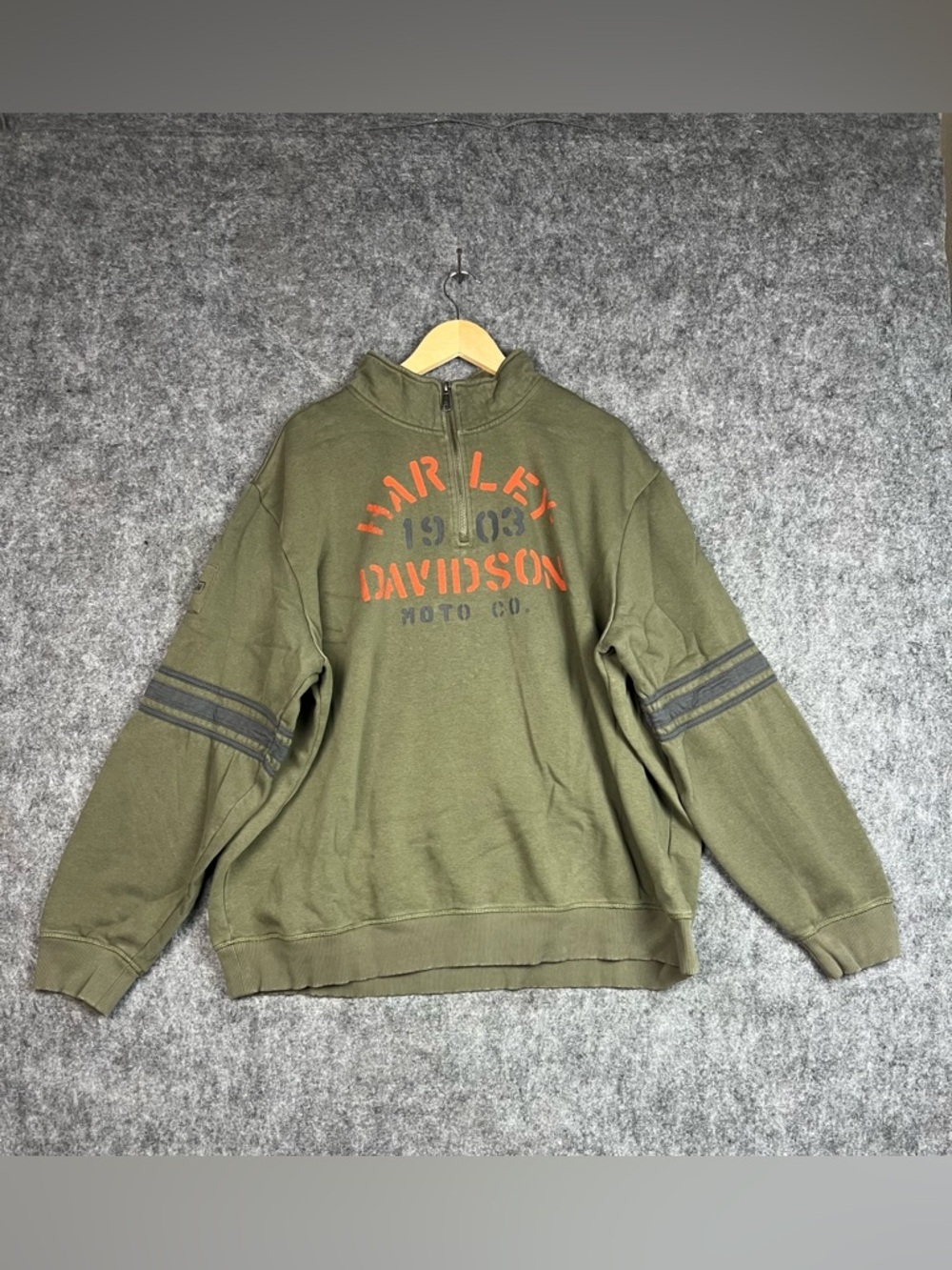 Harley-Davidson Olive Green Half-Zip Sweatshirt with Orange Logo 2XL